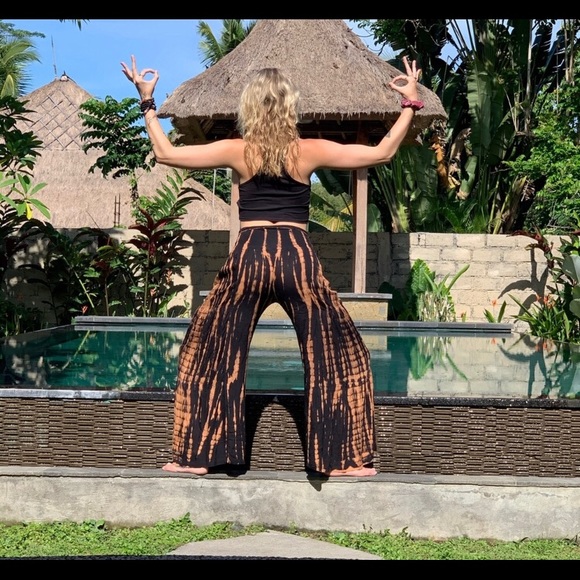 Bali Wide Leg Pants Black & Tan S/M M/L Festival Coachella tie Dye - Picture 5 of 8